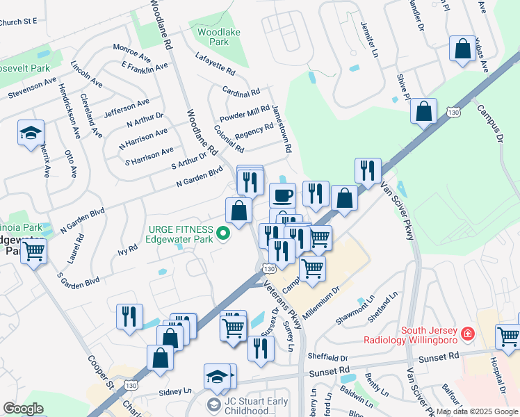 map of restaurants, bars, coffee shops, grocery stores, and more near 998 Woodlane Road in Edgewater Park