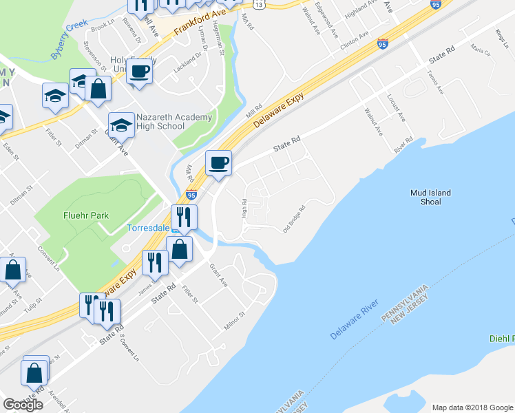map of restaurants, bars, coffee shops, grocery stores, and more near 416 Knightsbridge Court in Bensalem