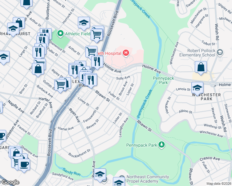 map of restaurants, bars, coffee shops, grocery stores, and more near 8121 Revere Street in Philadelphia