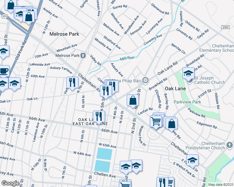 map of restaurants, bars, coffee shops, grocery stores, and more near 423 Valley Road in Melrose Park