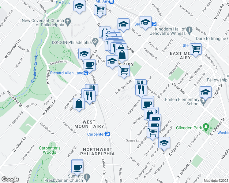 map of restaurants, bars, coffee shops, grocery stores, and more near 111 West Sedgwick Street in Philadelphia