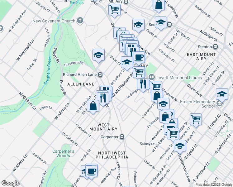 map of restaurants, bars, coffee shops, grocery stores, and more near 214 West Mount Pleasant Avenue in Philadelphia