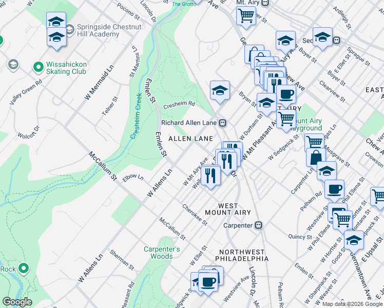 map of restaurants, bars, coffee shops, grocery stores, and more near 323 West Allens Lane in Philadelphia