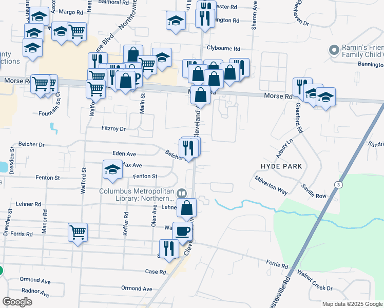 map of restaurants, bars, coffee shops, grocery stores, and more near 4274 Cleveland Avenue in Columbus