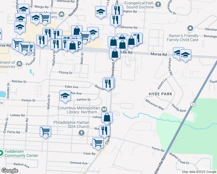 map of restaurants, bars, coffee shops, grocery stores, and more near 4269-4283 Cleveland Avenue in Columbus