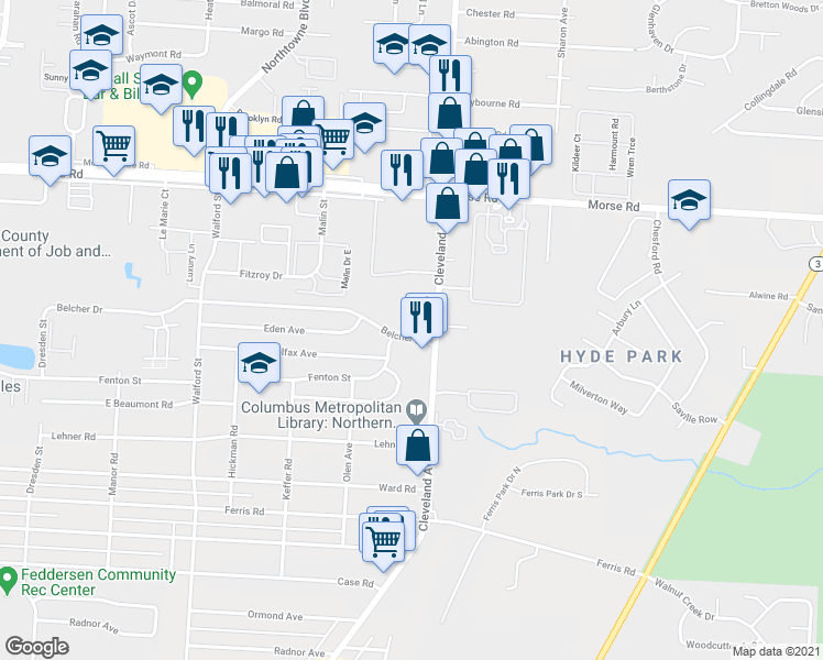 map of restaurants, bars, coffee shops, grocery stores, and more near 4269-4283 Cleveland Avenue in Columbus