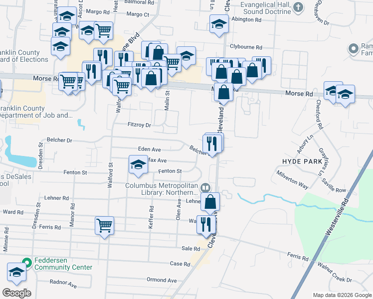 map of restaurants, bars, coffee shops, grocery stores, and more near 2298 Belcher Drive in Columbus