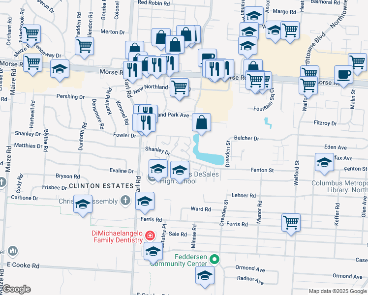 map of restaurants, bars, coffee shops, grocery stores, and more near 1711 Alona Drive in Columbus