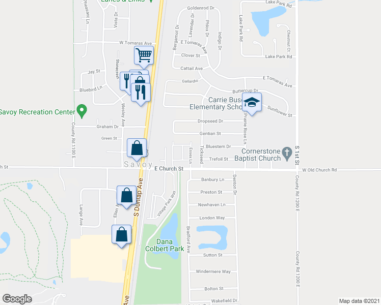 map of restaurants, bars, coffee shops, grocery stores, and more near 117 Tickseed in Savoy
