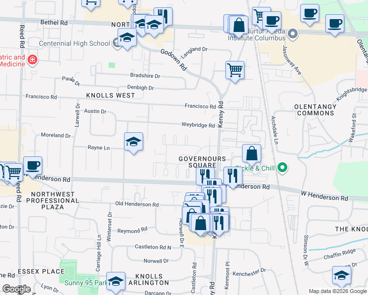 map of restaurants, bars, coffee shops, grocery stores, and more near 4780 Gainsborough Court in Columbus