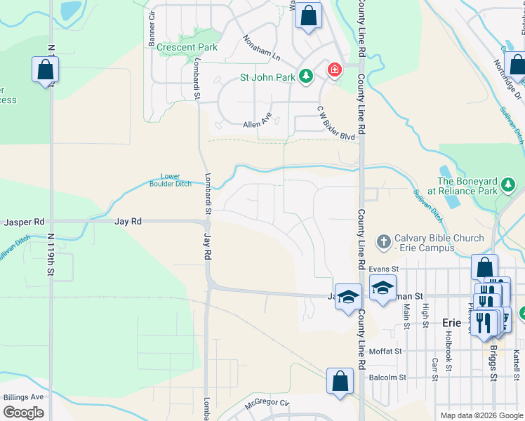 map of restaurants, bars, coffee shops, grocery stores, and more near 12001-12013 Jay Road in Erie