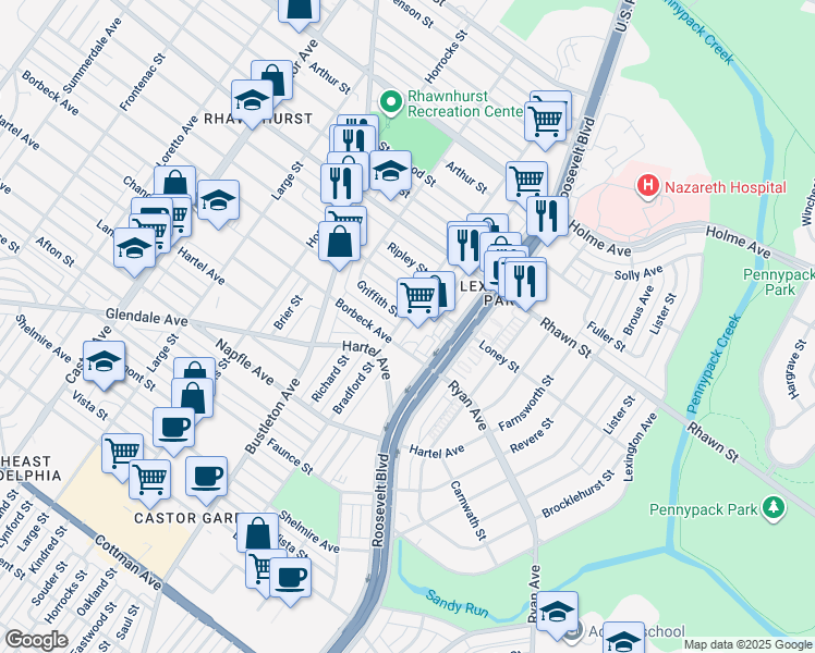 map of restaurants, bars, coffee shops, grocery stores, and more near 7815 Bradford Street in Philadelphia