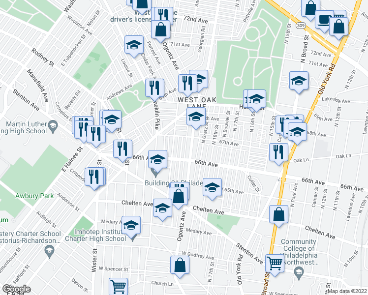 map of restaurants, bars, coffee shops, grocery stores, and more near 6633 North Uber Street in Philadelphia