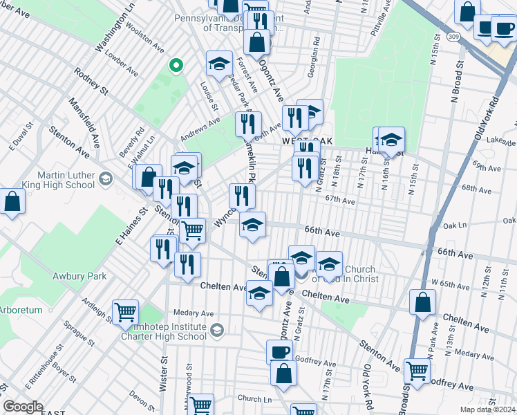 map of restaurants, bars, coffee shops, grocery stores, and more near 6624 North Opal Street in Philadelphia