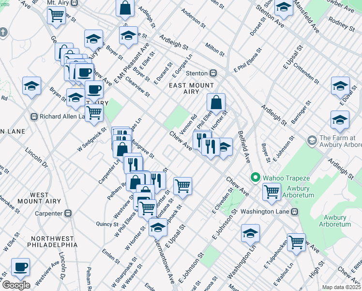 map of restaurants, bars, coffee shops, grocery stores, and more near 6708 Chew Avenue in Philadelphia