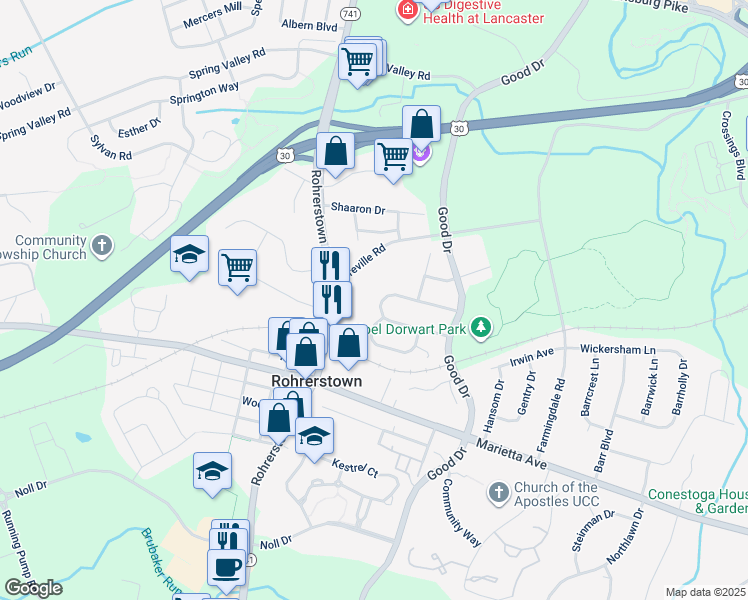 map of restaurants, bars, coffee shops, grocery stores, and more near 230 Parklawn Court in Lancaster