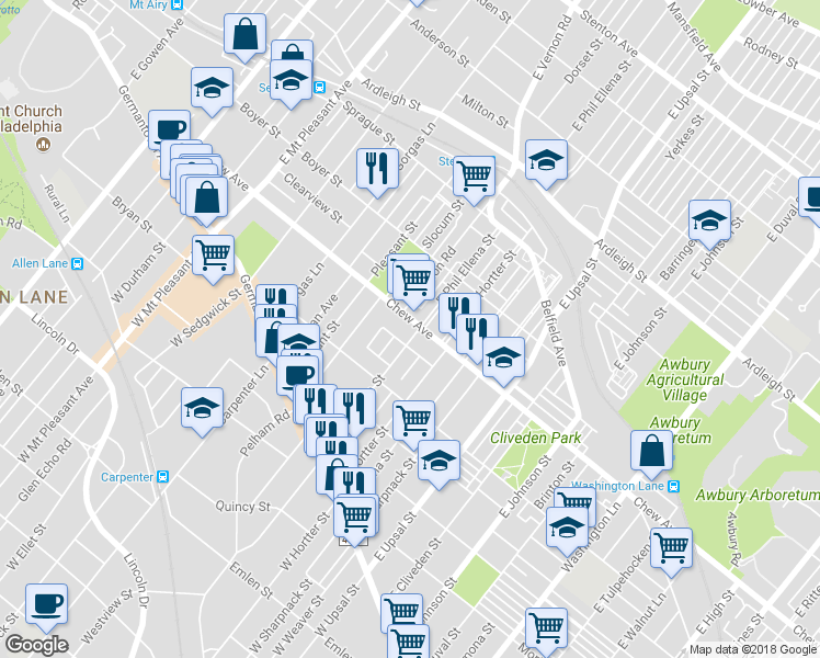 map of restaurants, bars, coffee shops, grocery stores, and more near 6708 Chew Avenue in Philadelphia