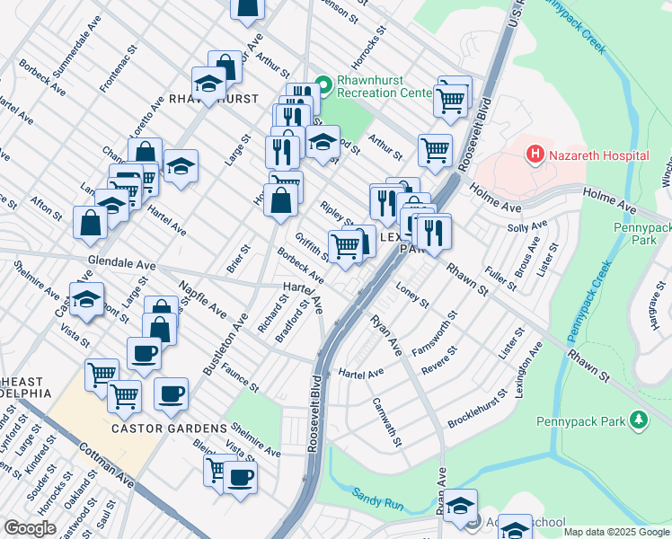 map of restaurants, bars, coffee shops, grocery stores, and more near 7815 Bradford Street in Philadelphia