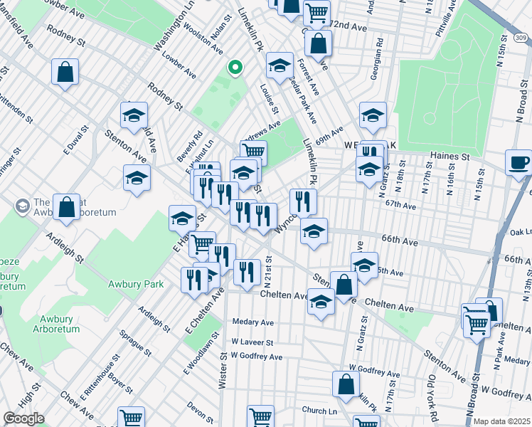 map of restaurants, bars, coffee shops, grocery stores, and more near 2106 Eastburn Avenue in Philadelphia