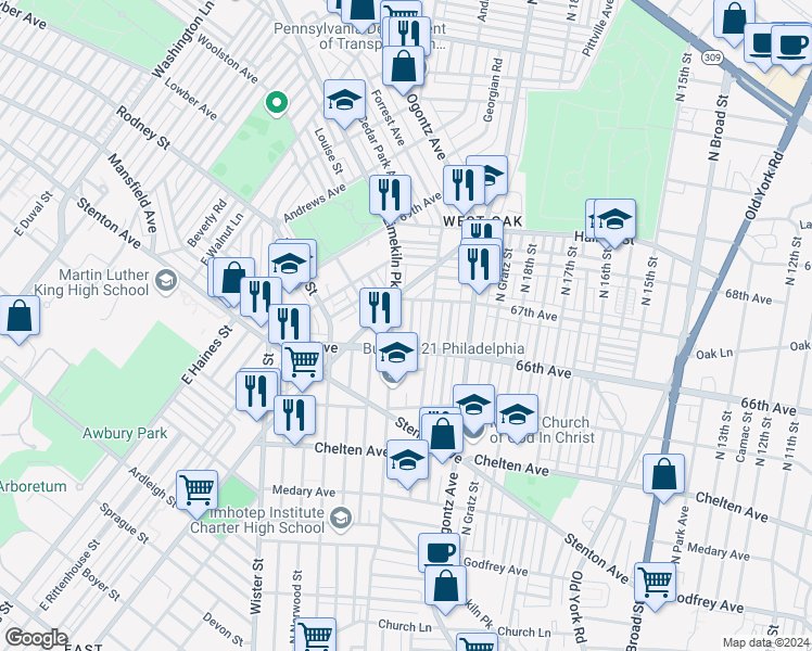 map of restaurants, bars, coffee shops, grocery stores, and more near 6624 North Opal Street in Philadelphia