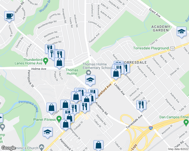 map of restaurants, bars, coffee shops, grocery stores, and more near 9146 Academy Road in Philadelphia