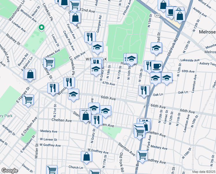 map of restaurants, bars, coffee shops, grocery stores, and more near 6649 North 18th Street in Philadelphia