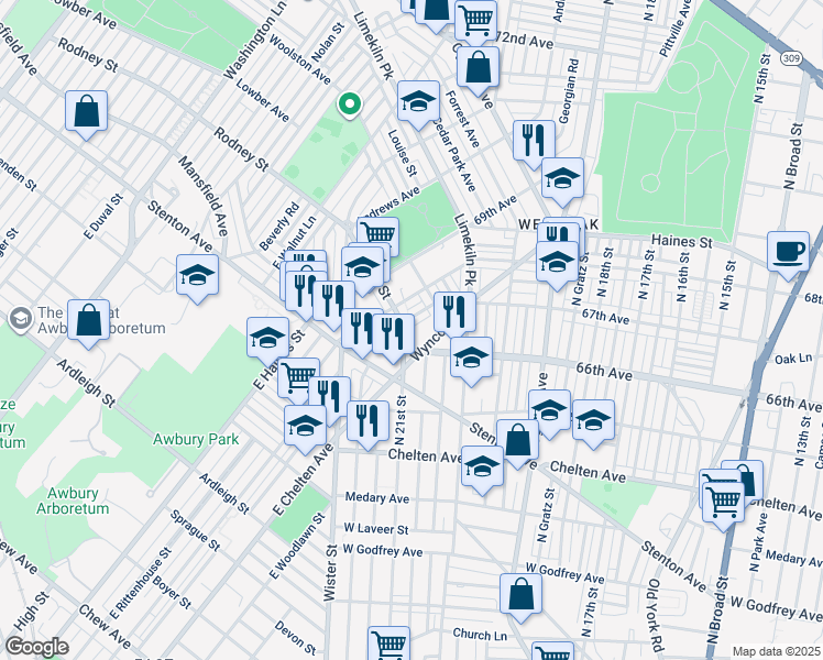 map of restaurants, bars, coffee shops, grocery stores, and more near 6619 North 21st Street in Philadelphia