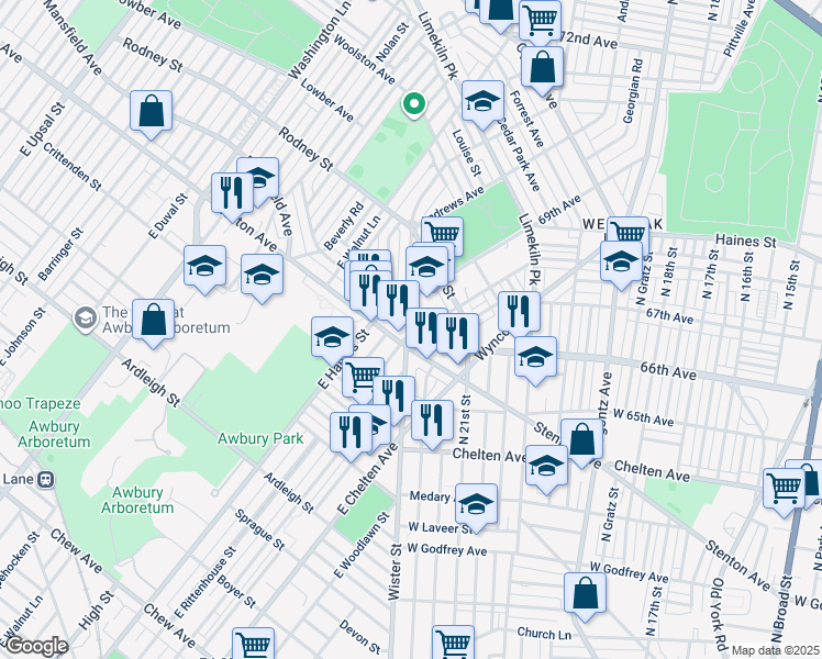 map of restaurants, bars, coffee shops, grocery stores, and more near 2163 Eastburn Avenue in Philadelphia