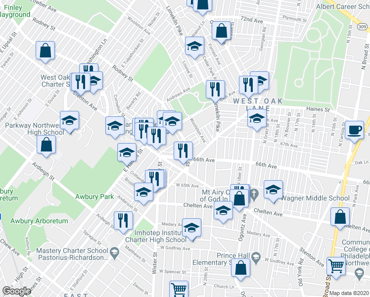 map of restaurants, bars, coffee shops, grocery stores, and more near 6622 North 21st Street in Philadelphia