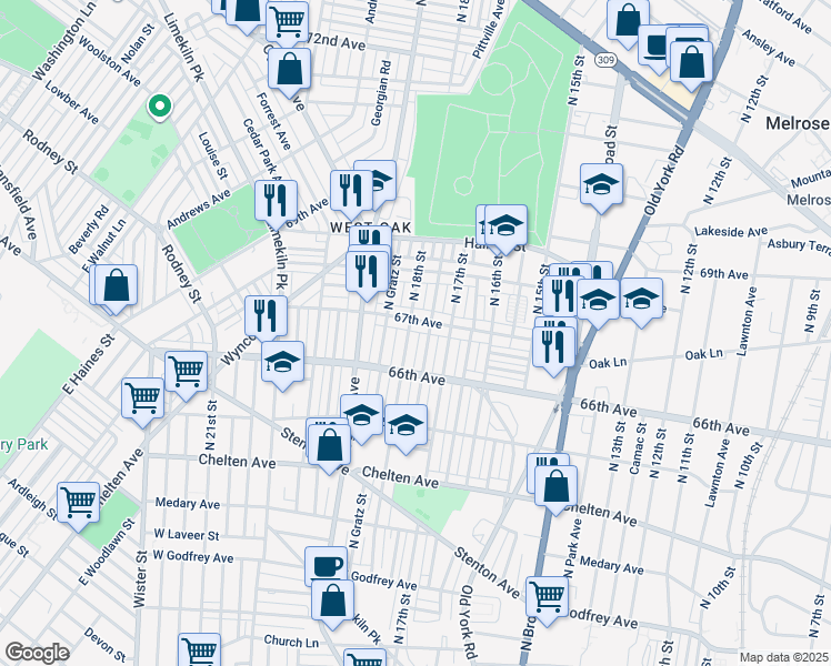 map of restaurants, bars, coffee shops, grocery stores, and more near 6649 North 18th Street in Philadelphia