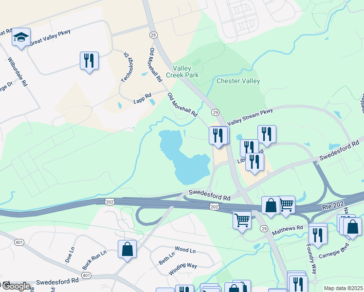 map of restaurants, bars, coffee shops, grocery stores, and more near 200 North Morehall Road in Malvern