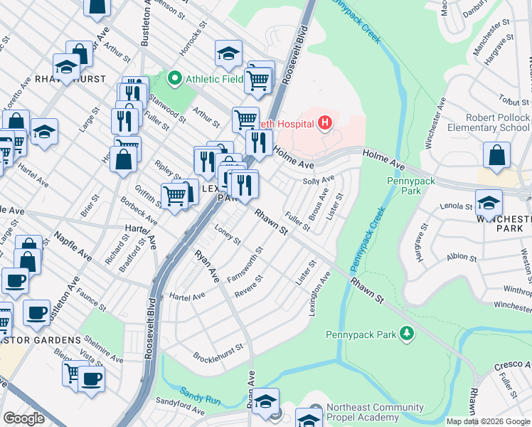 map of restaurants, bars, coffee shops, grocery stores, and more near 2727 Rhawn Street in Philadelphia