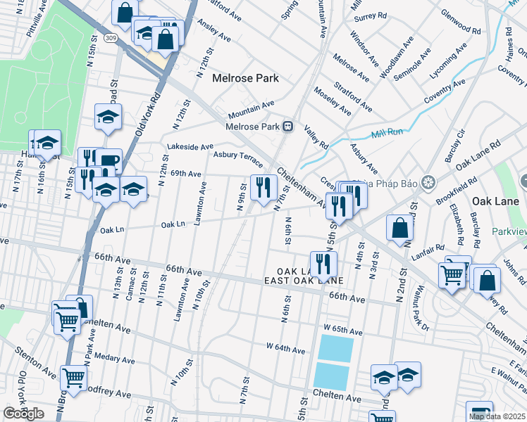 map of restaurants, bars, coffee shops, grocery stores, and more near 1307 70th Avenue in Philadelphia