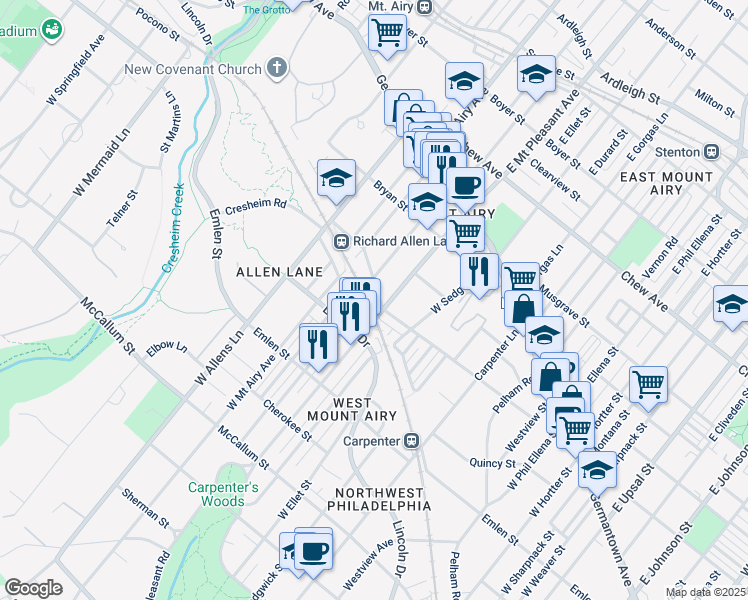 map of restaurants, bars, coffee shops, grocery stores, and more near 7110 Cresheim Road in Philadelphia