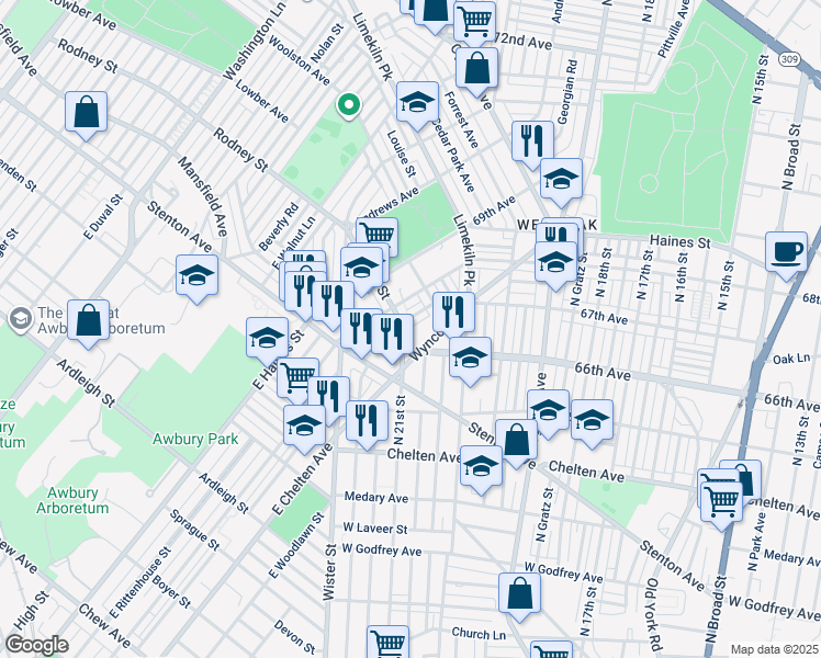 map of restaurants, bars, coffee shops, grocery stores, and more near 6621 North 21st Street in Philadelphia