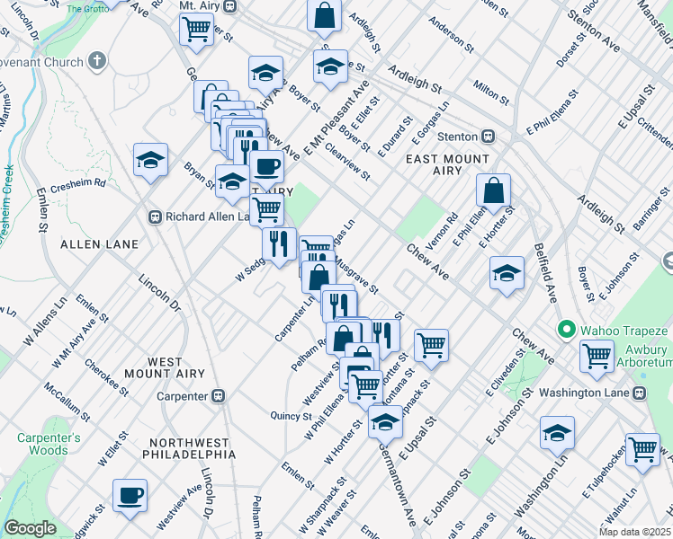 map of restaurants, bars, coffee shops, grocery stores, and more near 43 Meehan Avenue in Philadelphia