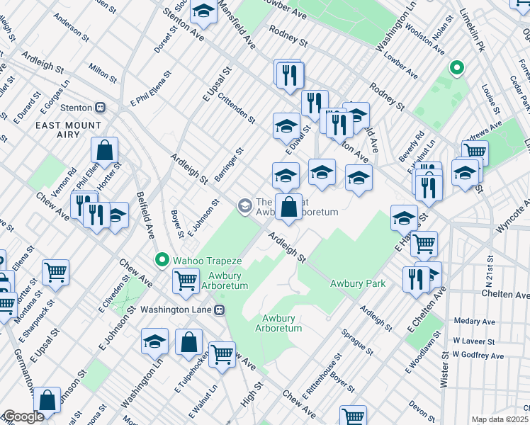 map of restaurants, bars, coffee shops, grocery stores, and more near 6306 Milton Street in Philadelphia