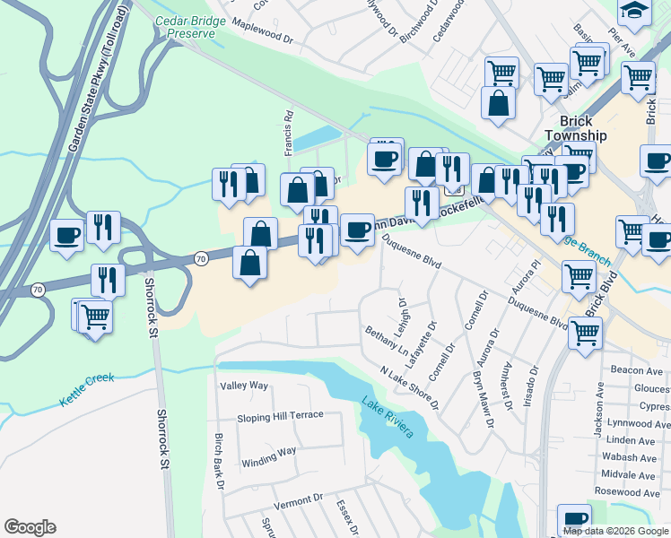 map of restaurants, bars, coffee shops, grocery stores, and more near 521 New Jersey 70 in Brick Township