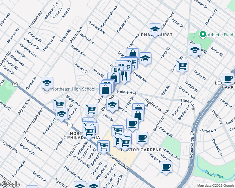map of restaurants, bars, coffee shops, grocery stores, and more near 7601 Castor Avenue in Philadelphia