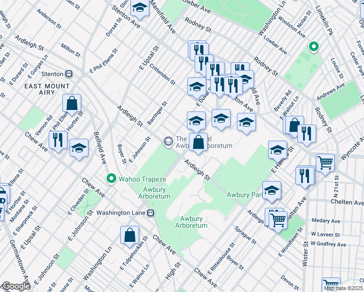 map of restaurants, bars, coffee shops, grocery stores, and more near 6306 Milton Street in Philadelphia