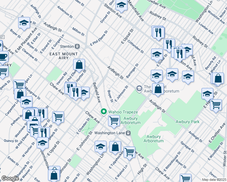 map of restaurants, bars, coffee shops, grocery stores, and more near 6416 Sprague Street in Philadelphia