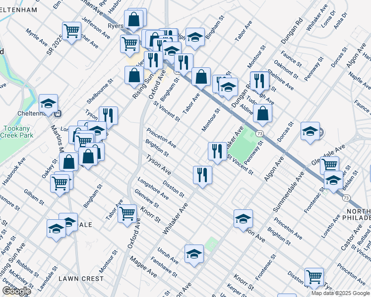 map of restaurants, bars, coffee shops, grocery stores, and more near 7104 Montour Street in Philadelphia