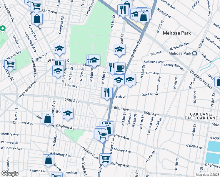 map of restaurants, bars, coffee shops, grocery stores, and more near 6727 North Broad Street in Philadelphia