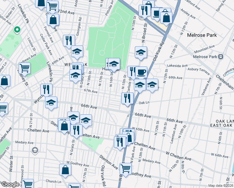 map of restaurants, bars, coffee shops, grocery stores, and more near 6717 North 16th Street in Philadelphia