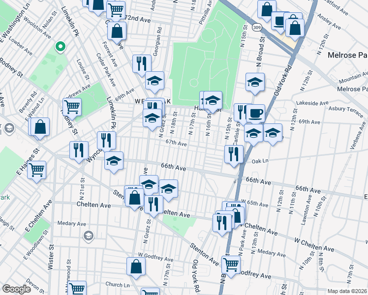 map of restaurants, bars, coffee shops, grocery stores, and more near 1721 67th Avenue in Philadelphia