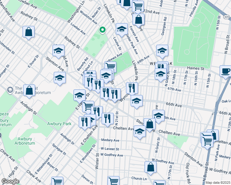 map of restaurants, bars, coffee shops, grocery stores, and more near 6624 North 21st Street in Philadelphia