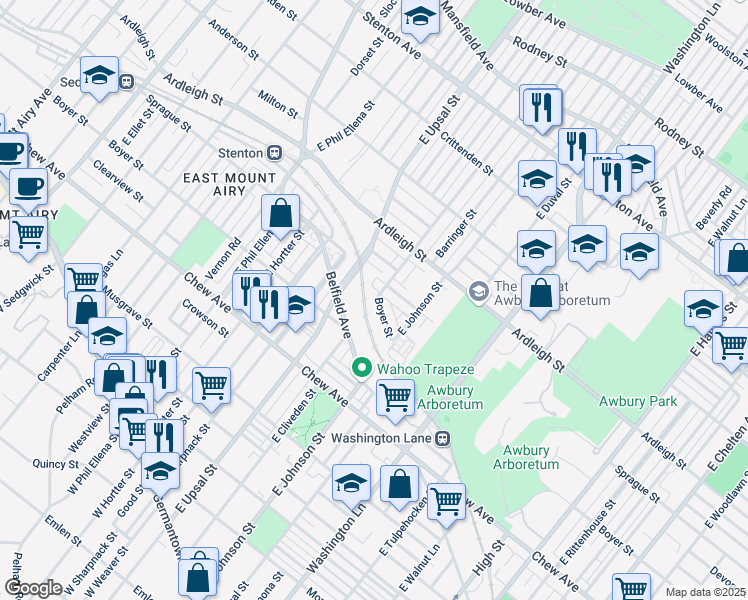 map of restaurants, bars, coffee shops, grocery stores, and more near 6426 Sprague Street in Philadelphia
