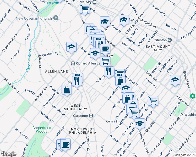 map of restaurants, bars, coffee shops, grocery stores, and more near 7021 Mower Street in Philadelphia