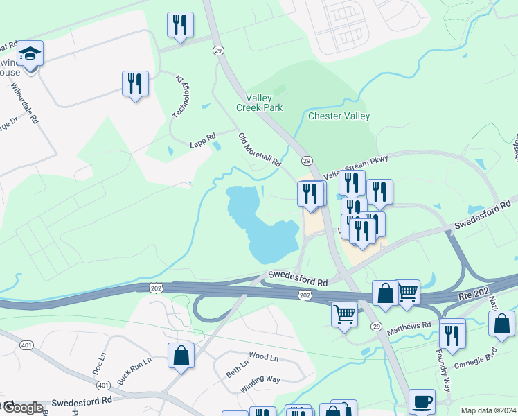 map of restaurants, bars, coffee shops, grocery stores, and more near 200 North Morehall Road in Malvern