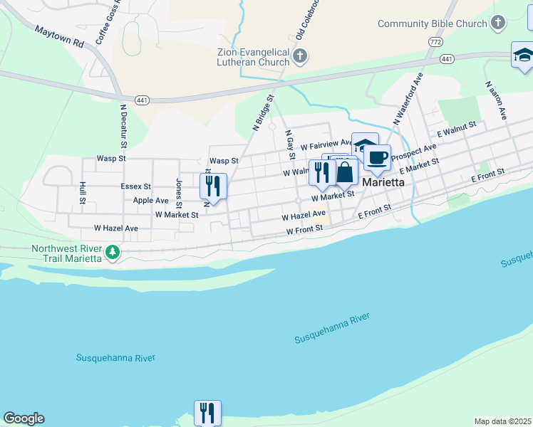 map of restaurants, bars, coffee shops, grocery stores, and more near 257 West Market Street in Marietta